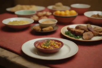 Platos coloridos adornados con diversas especias sobre una mesa tradicional.