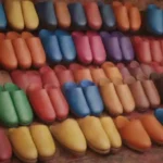 Artículos de cuero coloridos exhibidos en un vibrante mercado marroquí