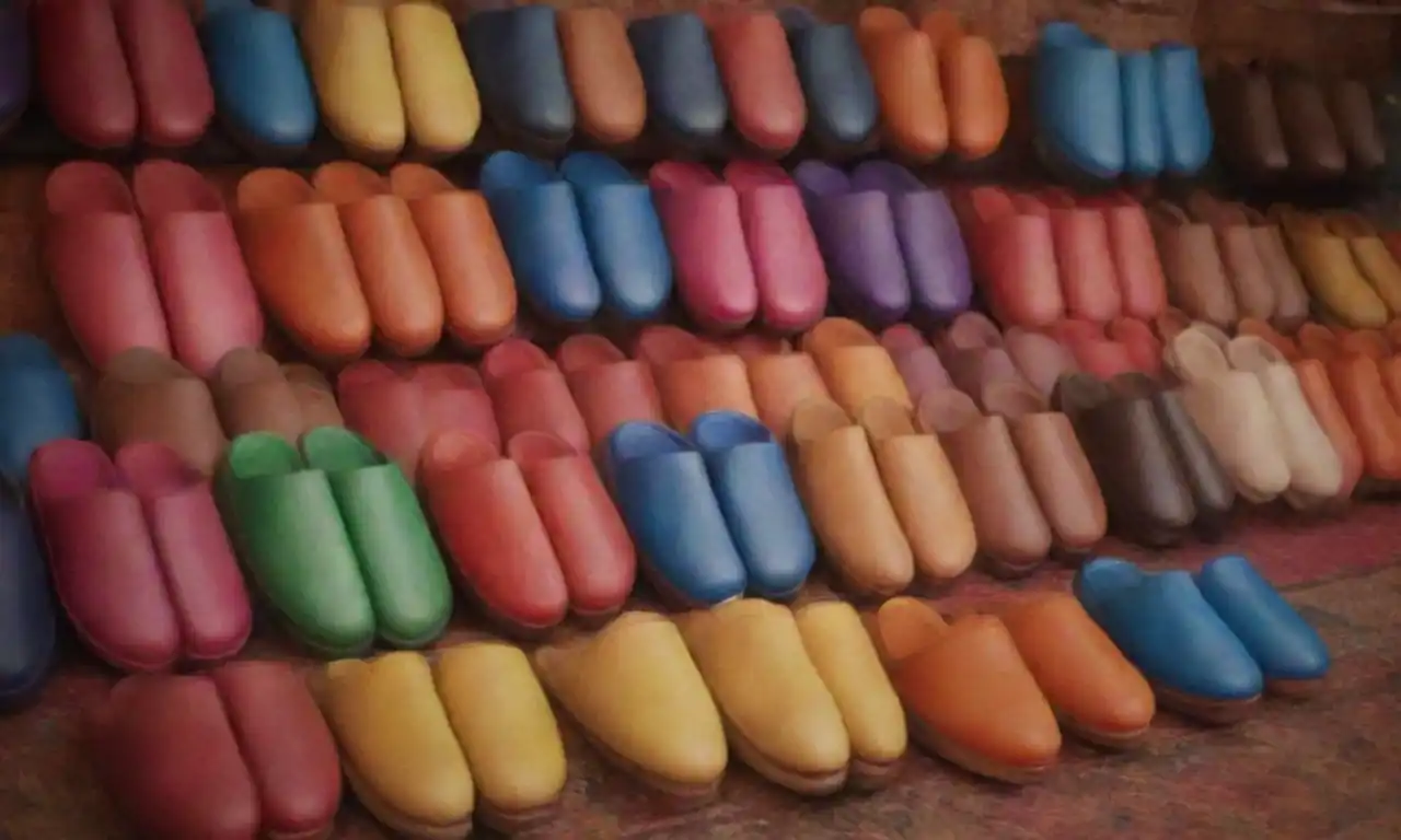 Artículos de cuero coloridos exhibidos en un vibrante mercado marroquí