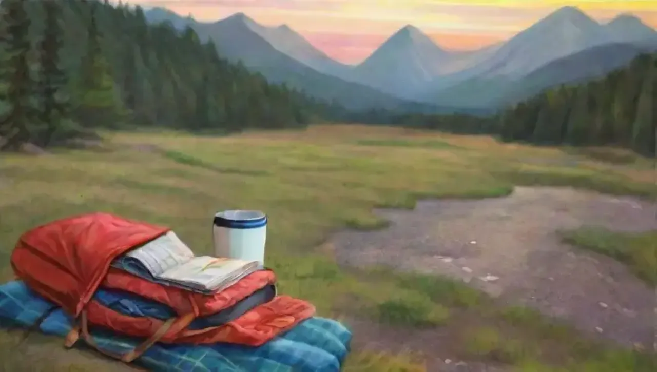 Un paisaje vibrante con montañas, un camino, una mochila equipada y lista para la aventura