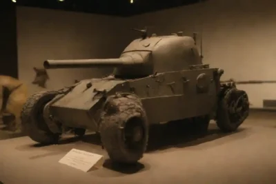 Visitante mirando exposiciones sobre armamento y relatos históricos en un museo de historia militar.