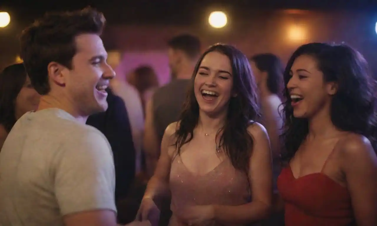 Grupo de amigos riéndose y bailando en un club vibrante con luces de la ciudad afuera.