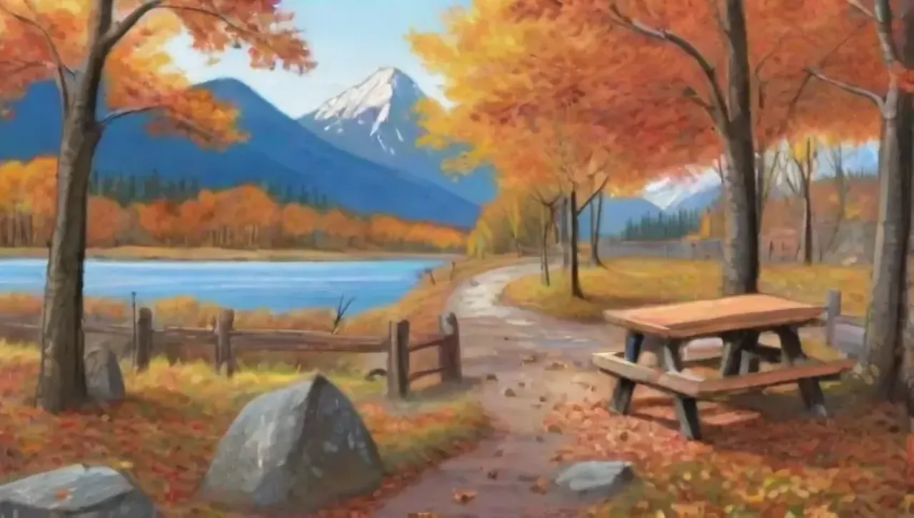 Un paisaje montañoso sereno en otoño, con senderos, lagos y gente disfrutando de la naturaleza