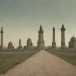 Una línea de tiempo que muestra varios monumentos históricos de diferentes épocas lado a lado.