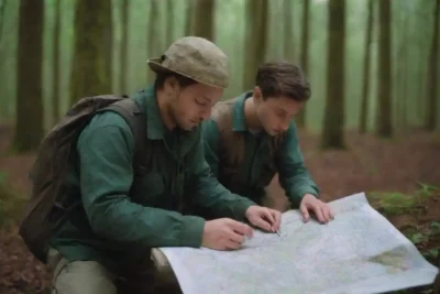Jóvenes exploradores estudiando un mapa con rutas seguras marcadas en un bosque.