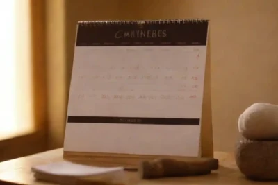 Un entorno de spa sereno con un calendario y servicios de bienestar mostrados.