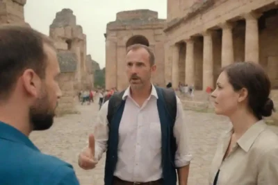 Guía turística que explica los hitos históricos a un grupo en medio de sitios de patrimonio cultural.
