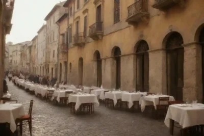 Una vista panorámica de una vibrante calle romana con monumentos históricos y restaurantes al aire libre.