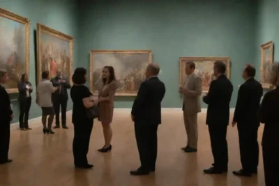 Educadores que reúnen a un grupo de visitantes en un museo de arte.