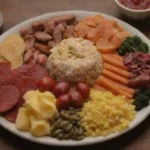 Un colorido plato que muestra platos tradicionales de temporada de cada temporada.