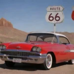 Mapa e icónico Ruta 66 señales con un coche vintage y imprescindibles de viaje.