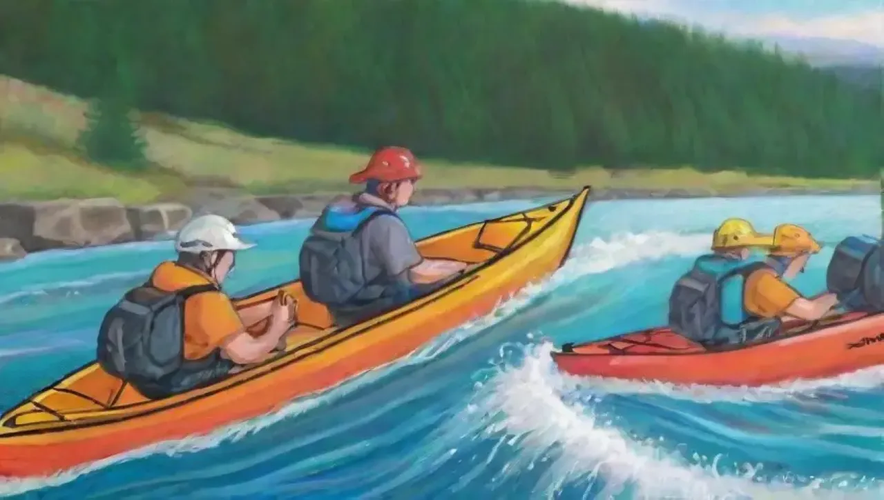 Río azul vibrante con kayakers, naturaleza hermosa y momentos de aventura