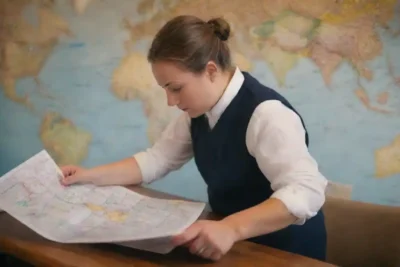 Un viajero revisando una lista de embalaje y estudiando un mapa de cruceros.