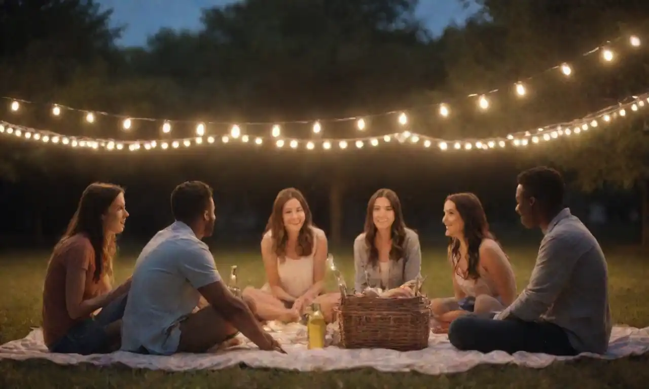 Grupo de amigos disfrutando de un picnic en el parque bajo luces de cuerda.