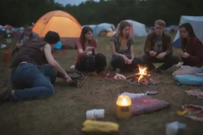 Festival-goers disfrutando de la música mientras acampan con suministros esenciales y decoraciones vibrantes a su alrededor.