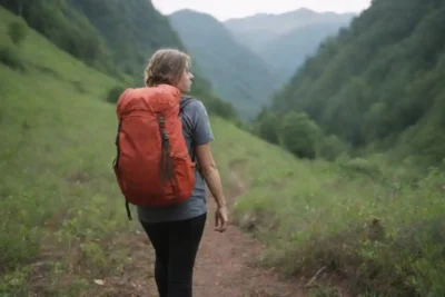 Viajero con equipo ecológico mientras explora un paisaje exuberante.