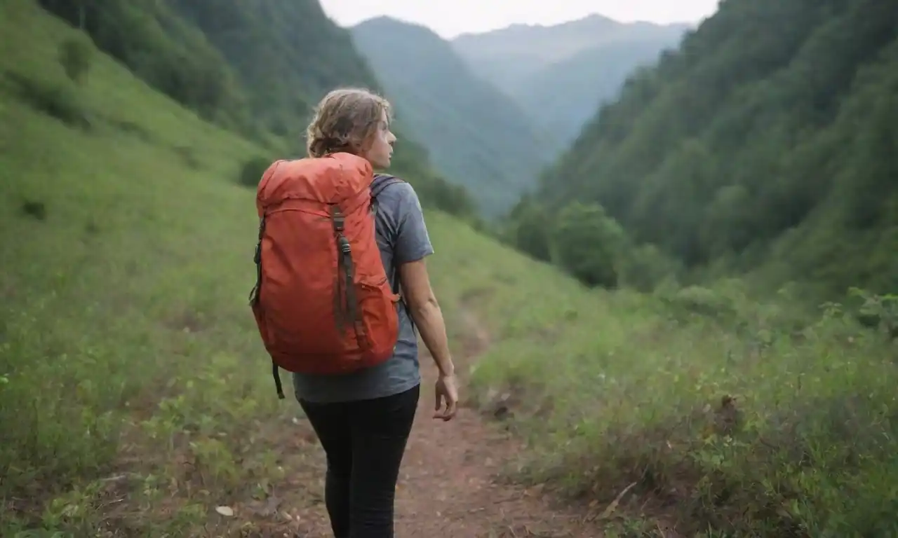 Viajero con equipo ecológico mientras explora un paisaje exuberante.