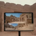 Pantallas digitales que muestran sitios de patrimonio mundial junto con experiencias de tecnología inmersiva.