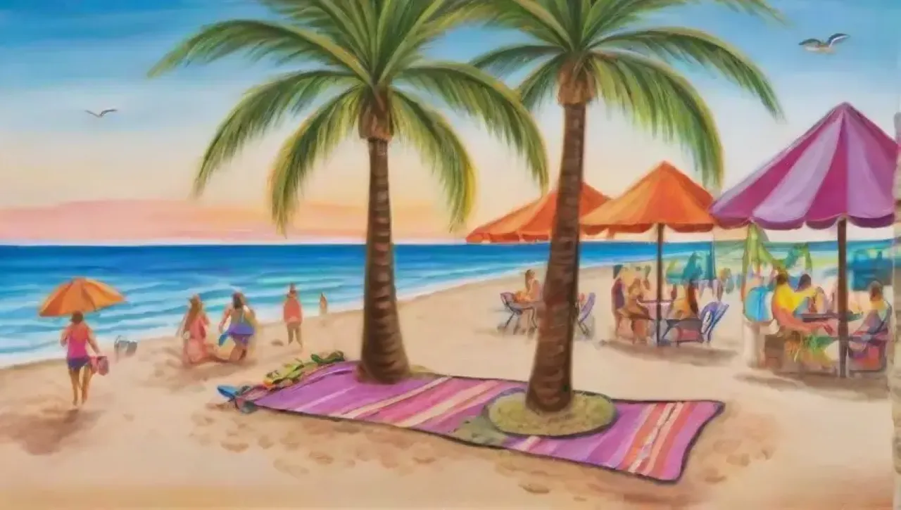 Escena playera vibrante con familias disfrutando, naturaleza y responsabilidad ambiental