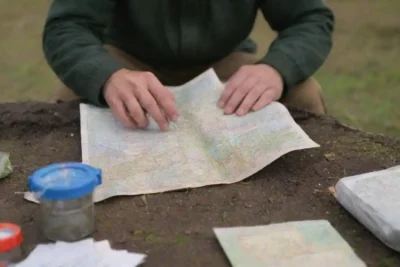 Person revisa un mapa y empaca suministros de emergencia mientras se encuentra en un entorno rural.