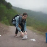 Turista dejando basura y utilizando plásticos de uso único en un entorno natural.