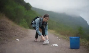Turista dejando basura y utilizando plásticos de uso único en un entorno natural.