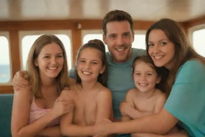 Familia disfrutando de actividades en un crucero mientras interactúan entre ellos con sonrisas.