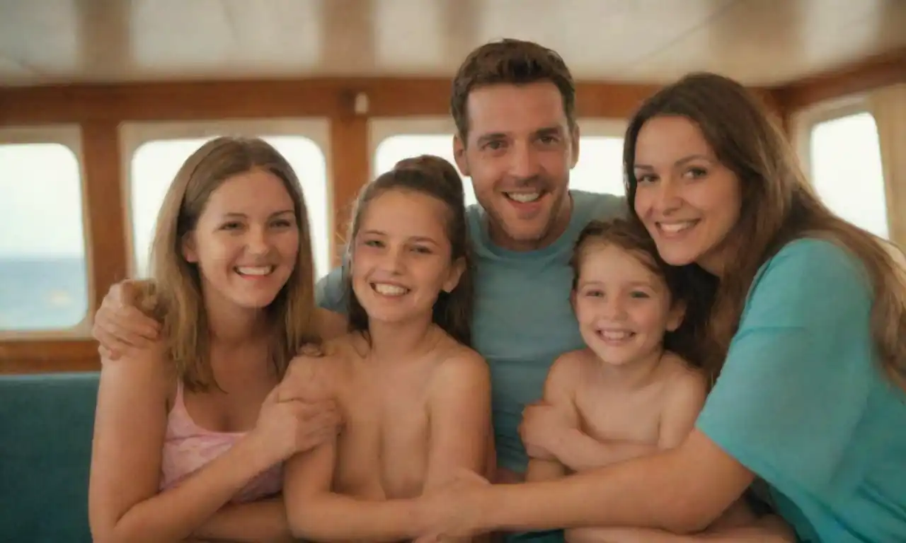 Familia disfrutando de actividades en un crucero mientras interactúan entre ellos con sonrisas.