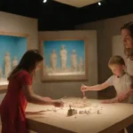 Familia disfrutando de actividades recreativas mientras exploran un museo interactivo.
