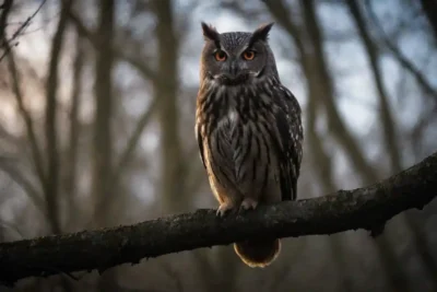 Silhouette of an owl perched on a branch with brighting eyes
