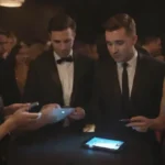 Grupo de amigos usando una aplicación móvil para reservar una mesa VIP en una entrada de club nocturno.