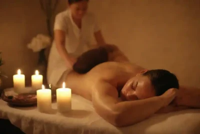Un entorno de spa sereno con una persona que recibe un masaje relajante en medio de una decoración relajante.