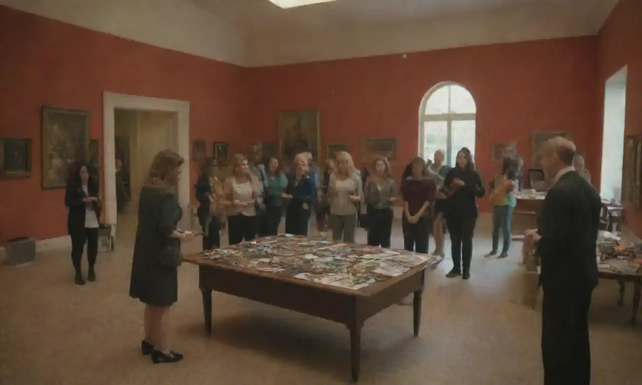 Un centro cultural con diversos individuos que participan en actividades artísticas juntos.
