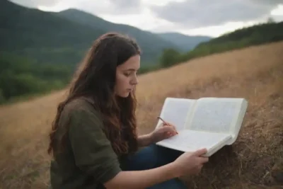 Una persona dirigida en un cuaderno rodeado de un paisaje natural exuberante.