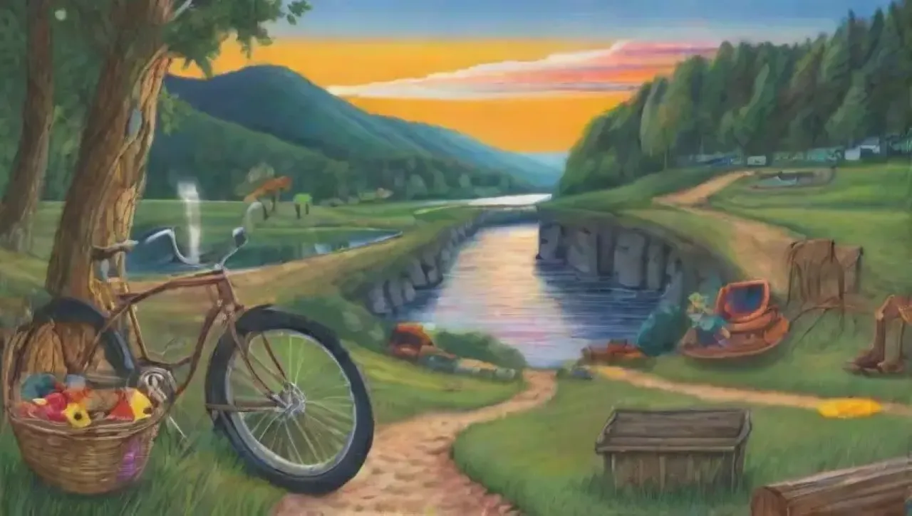 Un camino serpenteante rodeado de naturaleza, con flores, una bicicleta vintage, un mapa, café, un pueblo pintoresco y un atardecer dorado
