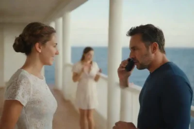 Pareja usando teléfonos móviles en el balcón de un crucero