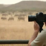 Cliente observando animales en un safari real versus uno virtual en una pantalla.