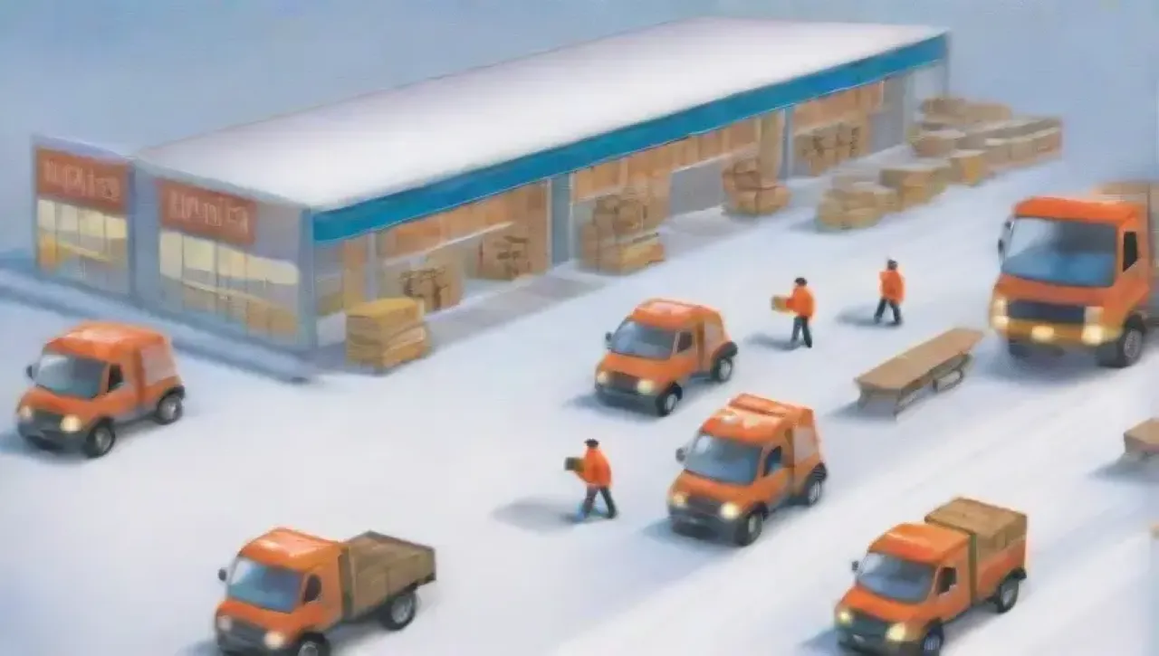 Un bullicioso centro logístico invernal con camiones, trabajadores organizando rutas y un ambiente de urgencia