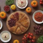 Una variedad colorida de platos de temporada dispuesta en una mesa con ingredientes frescos cerca.