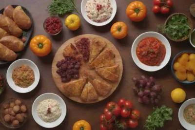 Una variedad colorida de platos de temporada dispuesta en una mesa con ingredientes frescos cerca.