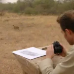 Participantes dibujando y fotografiando fauna silvestre durante una aventura safari.