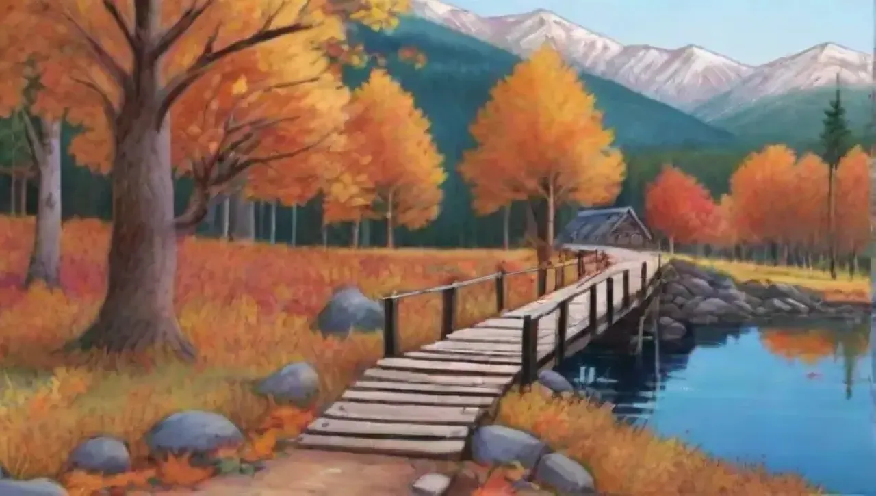 Un paisaje montañoso sereno en otoño, con senderos, amigos riendo y naturaleza vibrante