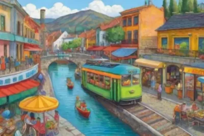 Ciudad vibrante con calles bulliciosas y paisajes diversos