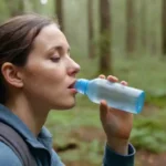 Un excursionista bebiendo agua de una botella reutilizable rodeada de naturaleza.