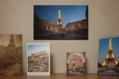 Famosos monumentos como la Torre Eiffel y Coliseo con carteles de películas y portadas de libros en primer plano.
