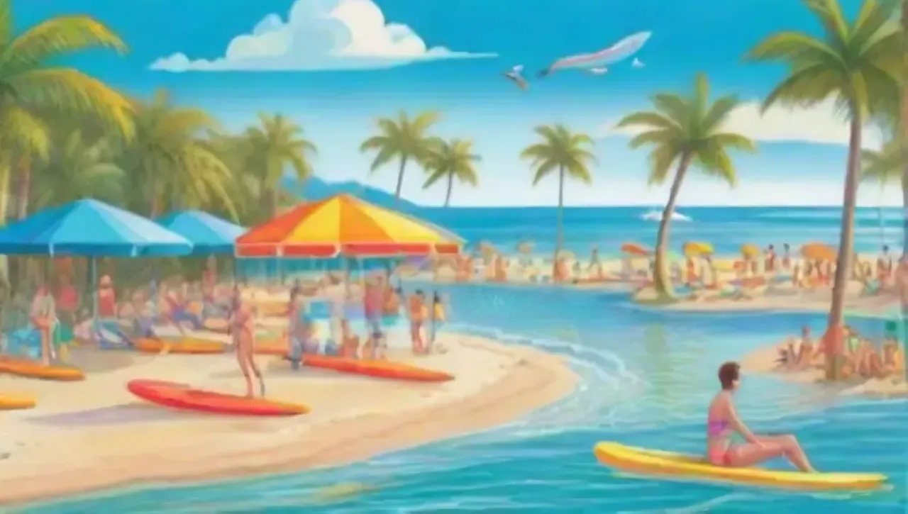 Una playa vibrante llena de actividades y colores