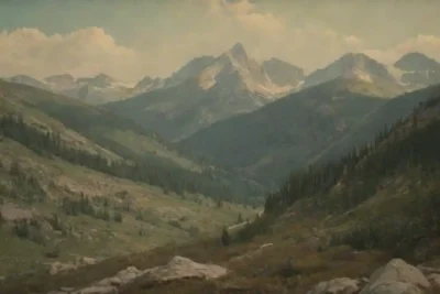 Un paisaje rocoso de montaña con ilustraciones litográficas destacando los esfuerzos de conservación.