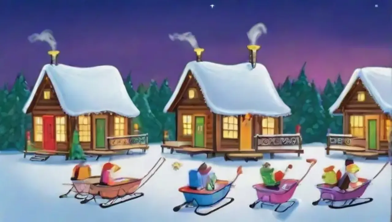 Un encantador paisaje invernal lleno de montañas nevadas, cabañas acogedoras y familias disfrutando de la nieve