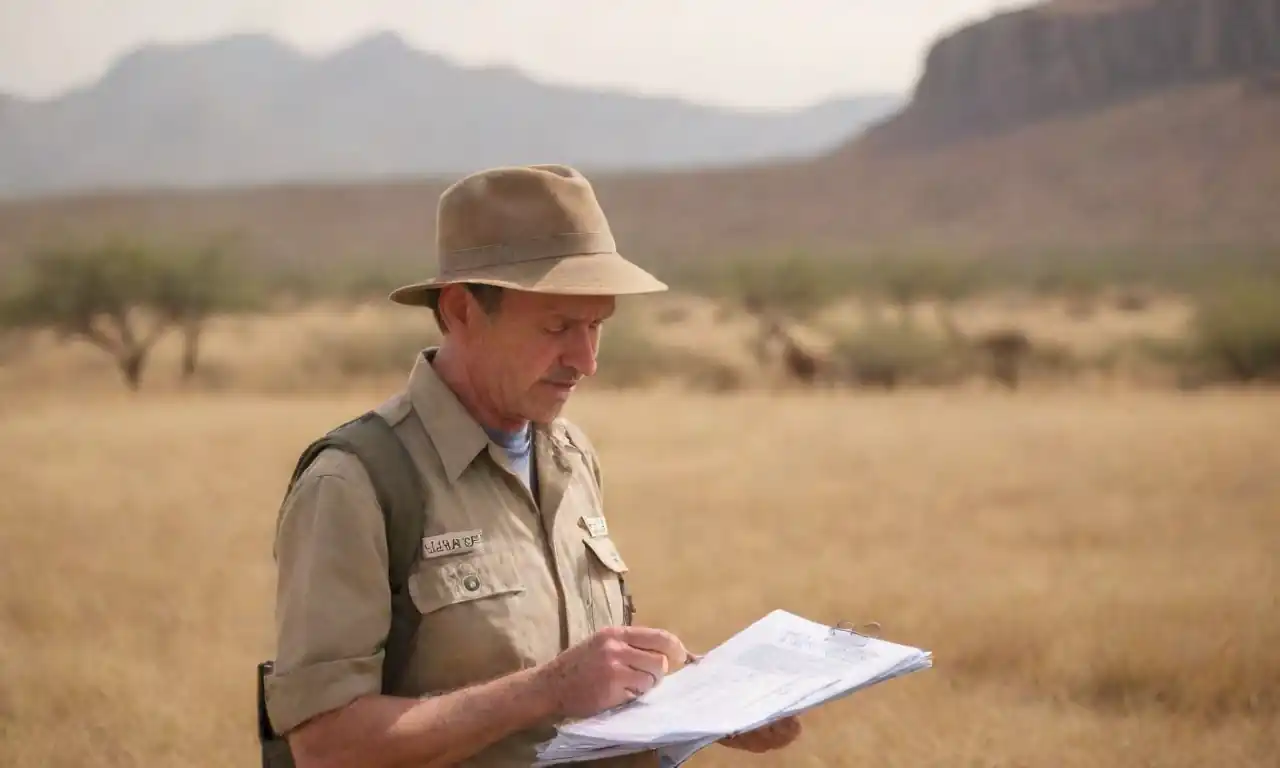Viajero comprobando documentos de vacunación con un paisaje safari en el fondo.