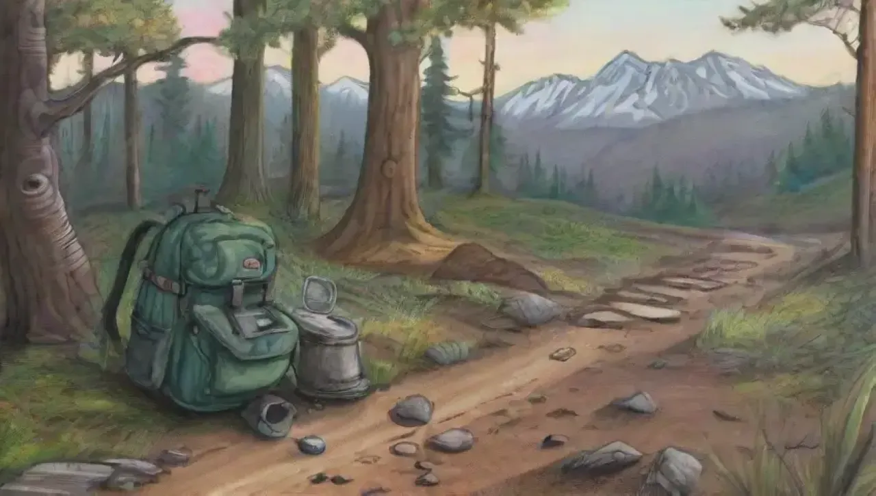 Una escena de bosque vibrante con un camino, montañas, una mochila, brújula, botas sucias, mapa, botella de agua, flores, binoculares, fogata, tienda, cascada y aves, llena de anticipación y aventura